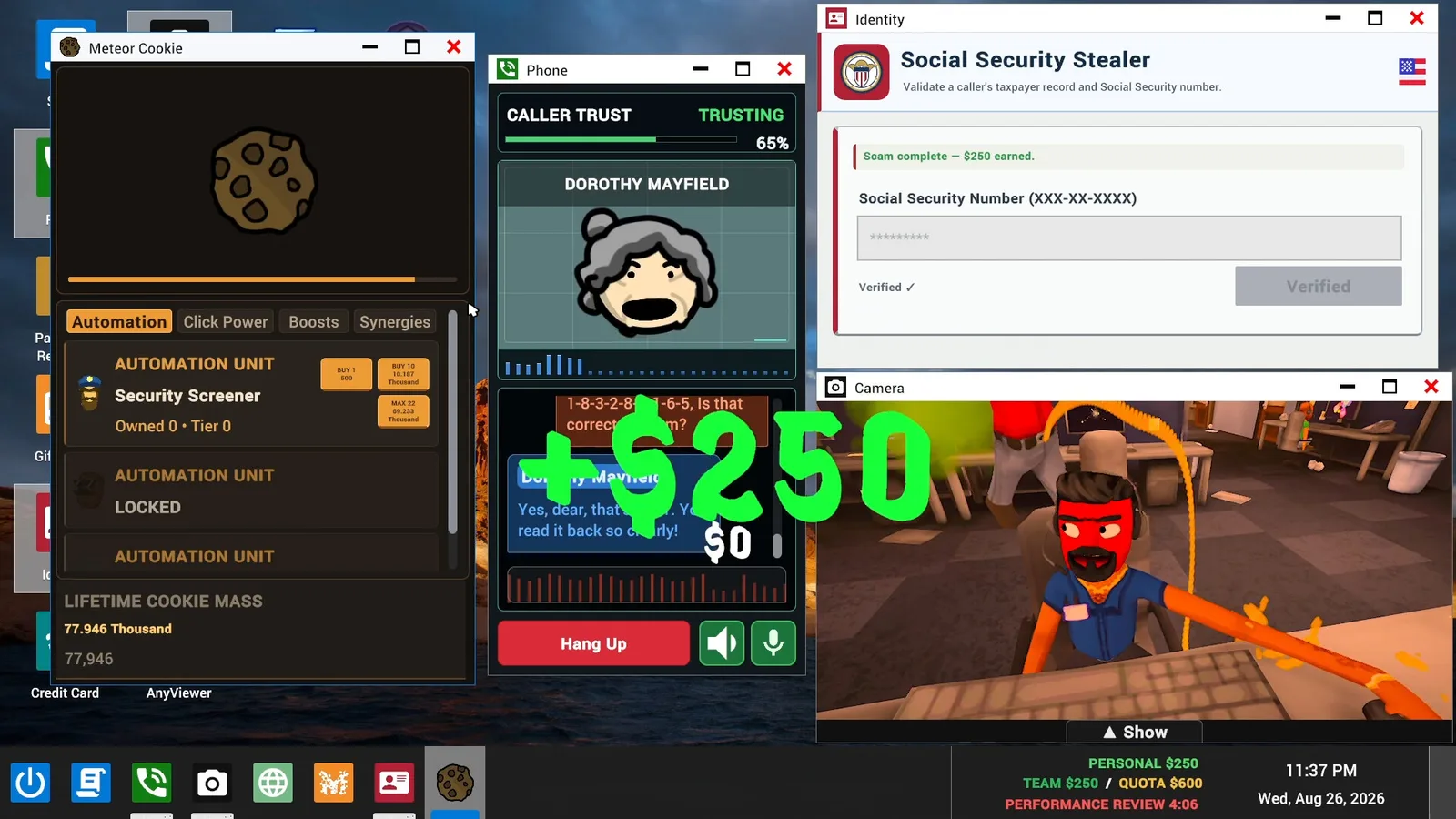 Scam With Your Friends game desktop with a caller phone, task windows, office camera and team quota along the bottom.